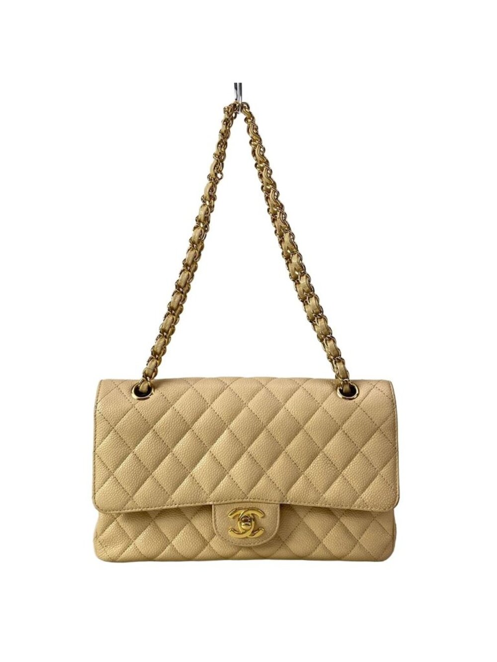 Chanel Shoulder Bag Double Flap Quilted Beige Chain Gold